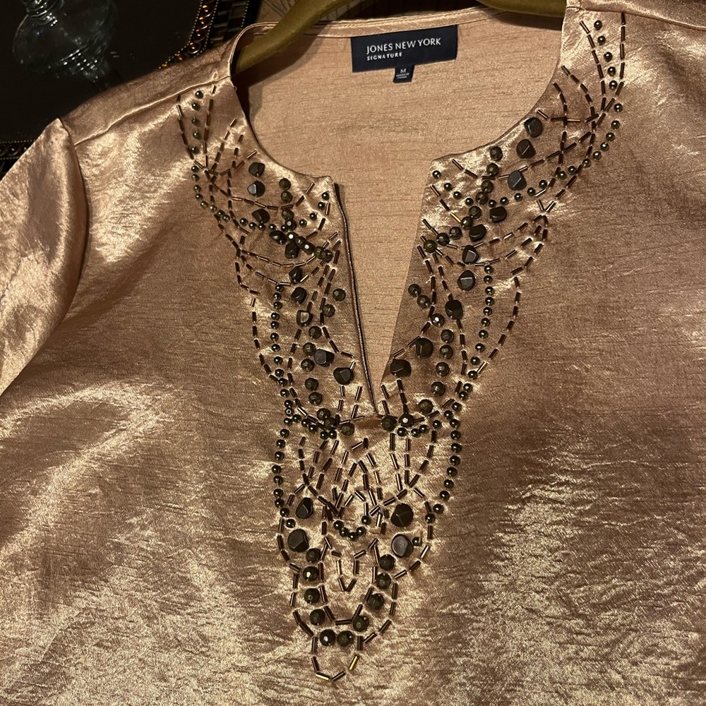 Jones New York Gold Satin Top with Beaded Neckline
